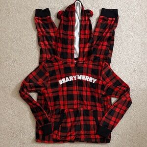 Red and Black Plaid Adult Onesie with Bear Ears